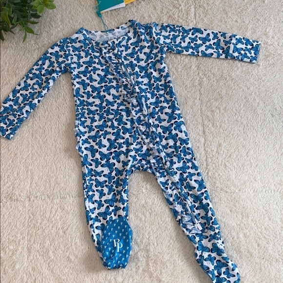 Posh Peanut Other - NWT Posh Peanut Ruffled Footie Nayeli 6-9M Blue Butterflies